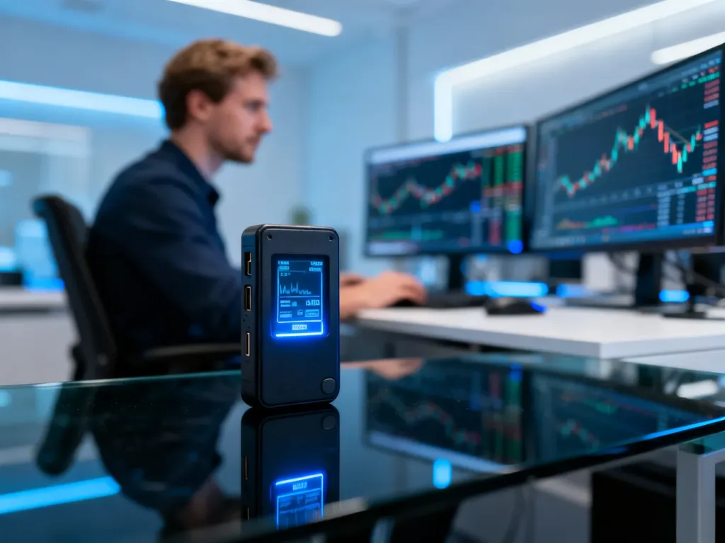 Portfel sprzętowy do kryptowalut leżący na biurku z widocznymi w tle wykresami finansowymi na monitorach.