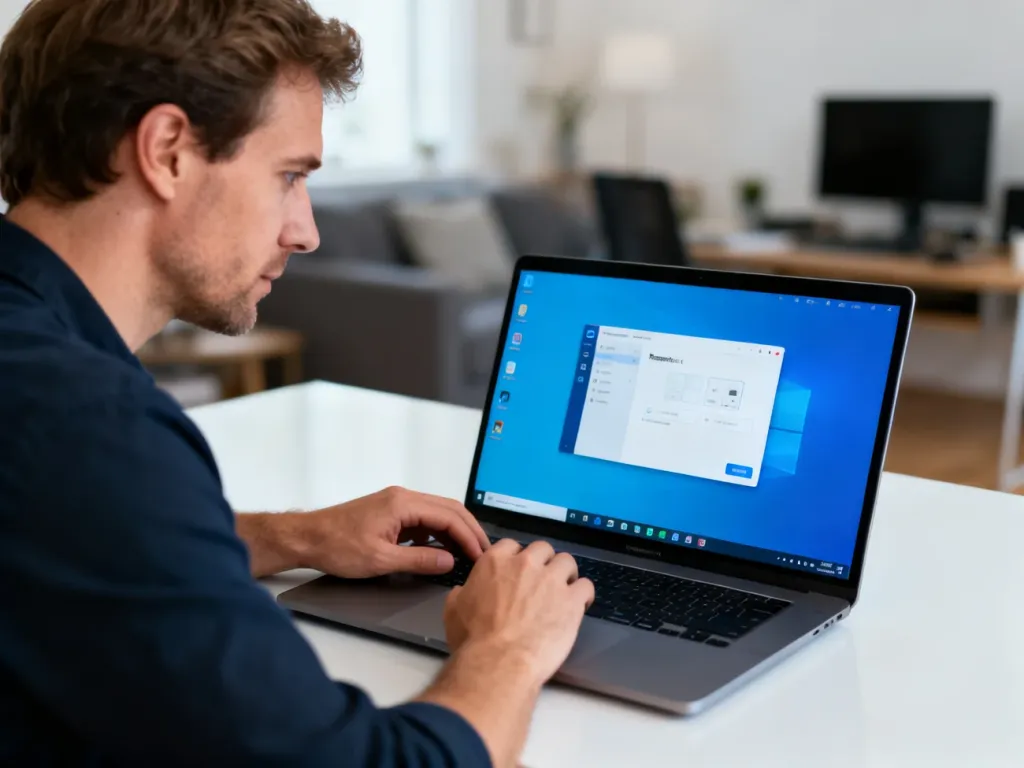 Mężczyzna pracujący przy laptopie z widocznym interfejsem zdalnego pulpitu w nowoczesnym domowym biurze.