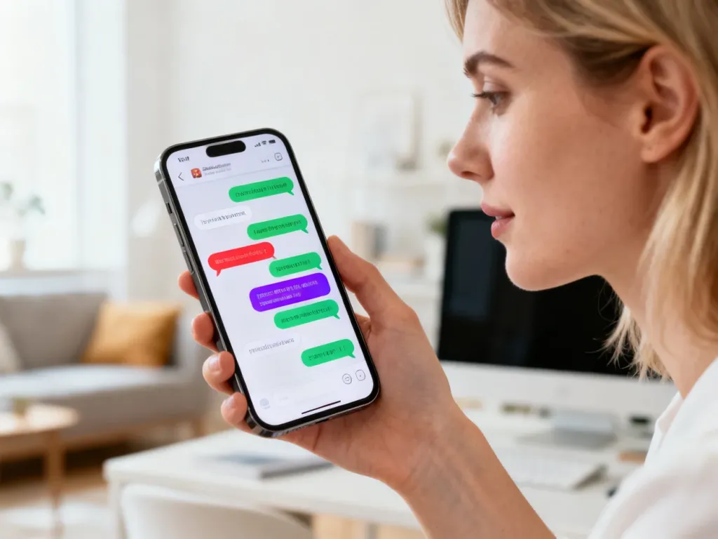 Kobieta trzymająca smartfon z otwartym interfejsem czatu w przytulnym domowym biurze.