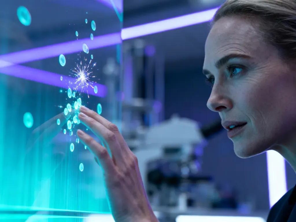 Kobieta dotykająca dłonią holograficznego interfejsu, obrazująca interakcję haptyczną w nowoczesnej technologii.
