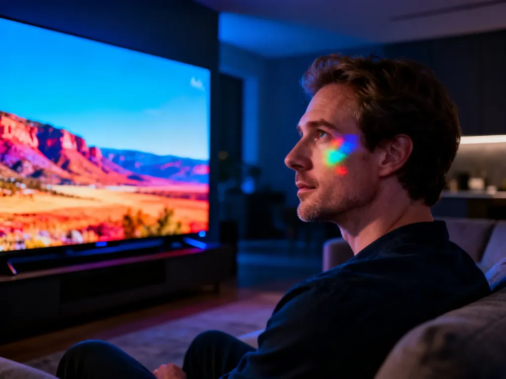 Mężczyzna oglądający film na nowoczesnym telewizorze 8K, prezentującym głęboką czerń i intensywne kolory Dolby Vision.
