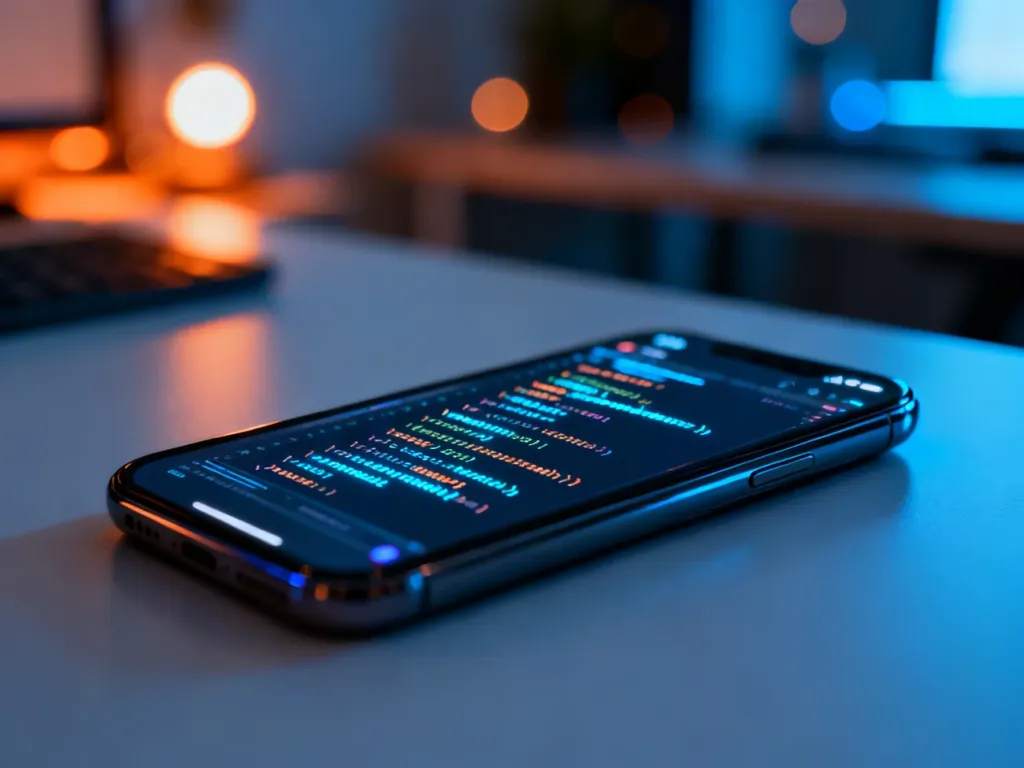 Nowoczesny smartfon z wyświetlonym interfejsem wiersza poleceń na minimalistycznym biurku w klimacie high-tech.