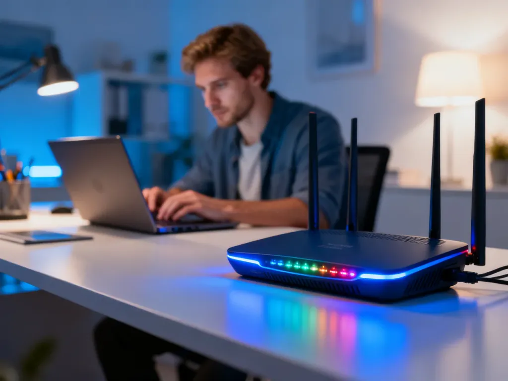 Nowoczesny router z diodami LED na biurku, symbolizujący płynną transmisję danych podczas pracy zdalnej.