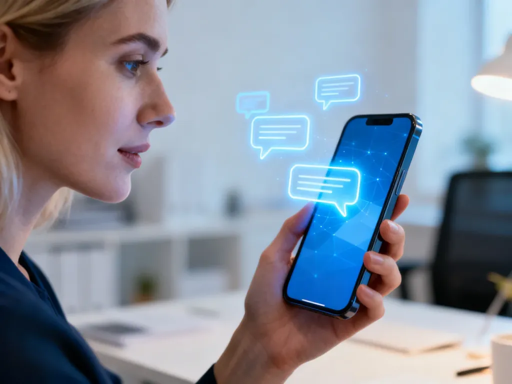 Kobieta trzymająca smartfon z wizualizacją cyfrowych dymków czatu, symbolizujących nowoczesną komunikację w iMessage.